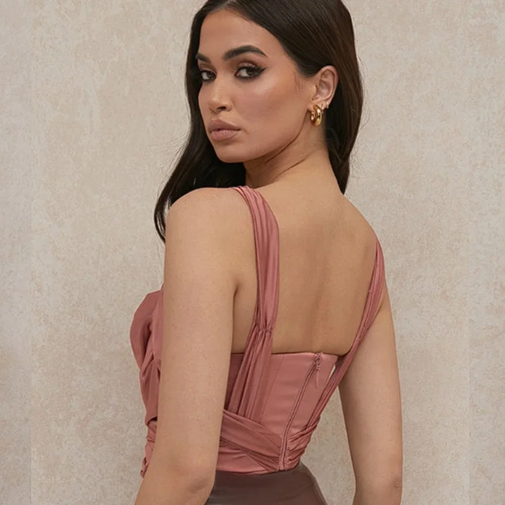 HOUSE OF CB 'Aella' Rose Satin Cowl Neck Draped Corset  NWOT - Picture 4 of 5